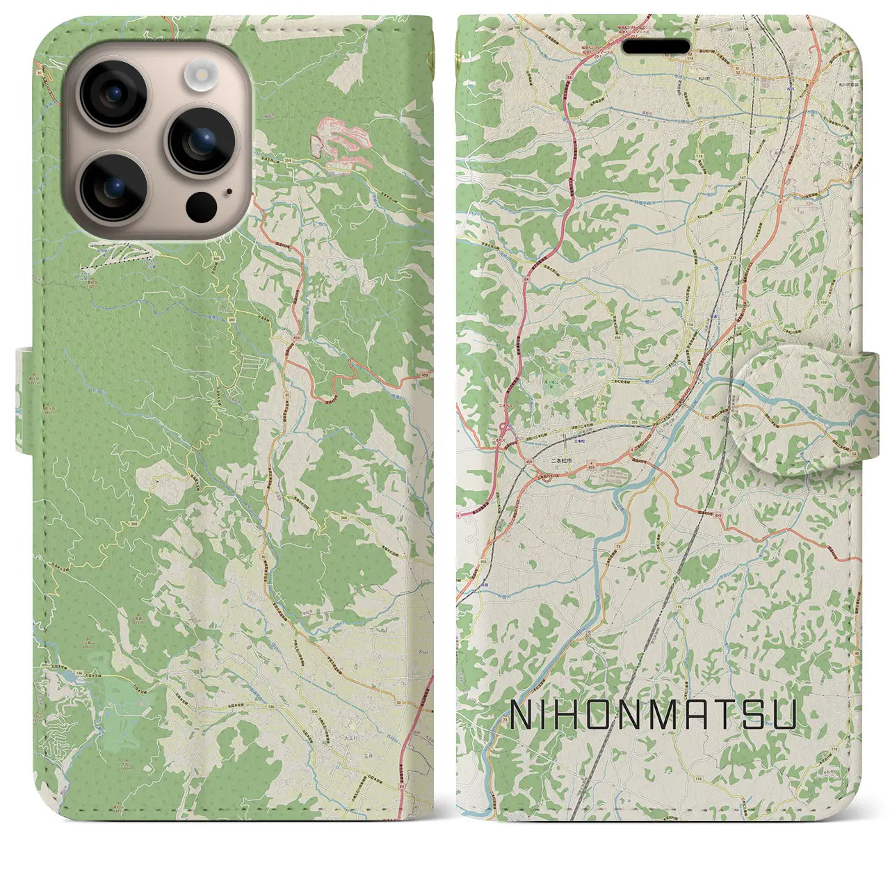 【二本松(福島県)】地図柄iPhoneケース(手帳タイプ)ナチュラル・iPhone 16 Plus 用