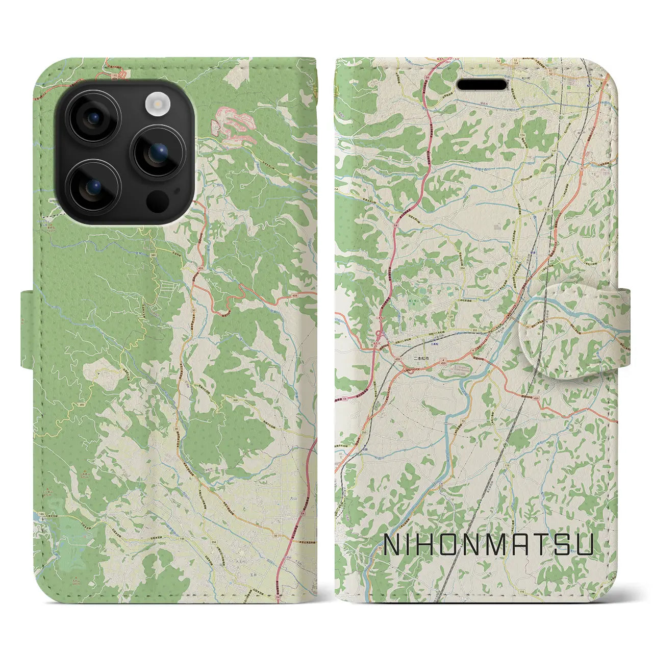 【二本松(福島県)】地図柄iPhoneケース(手帳タイプ)ナチュラル・iPhone 16 用