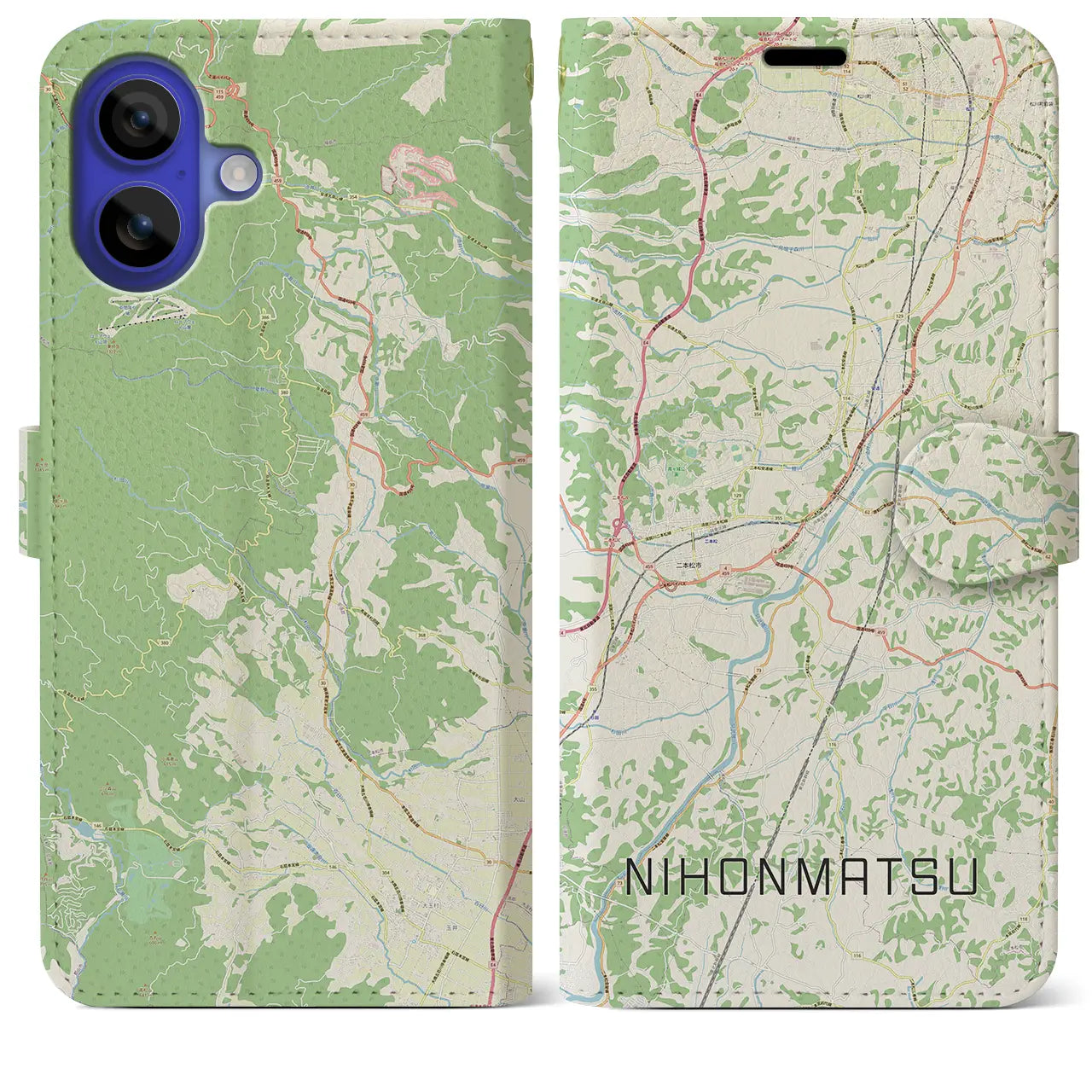 【二本松(福島県)】地図柄iPhoneケース(手帳タイプ)ナチュラル・iPhone 16 Pro Max 用