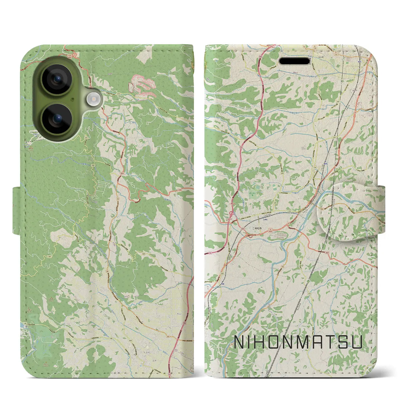 【二本松(福島県)】地図柄iPhoneケース(手帳タイプ)モノトーン・iPhone 17 Pro Max 用