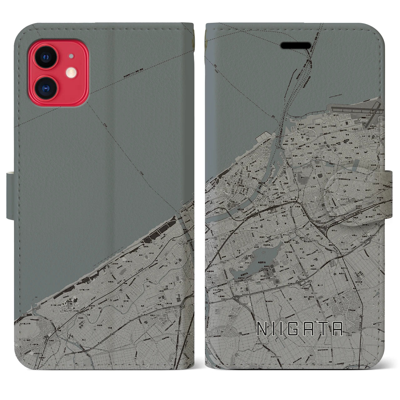 【新潟(新潟県)】地図柄iPhoneケース(手帳タイプ)モノトーン・iPhone 11 用