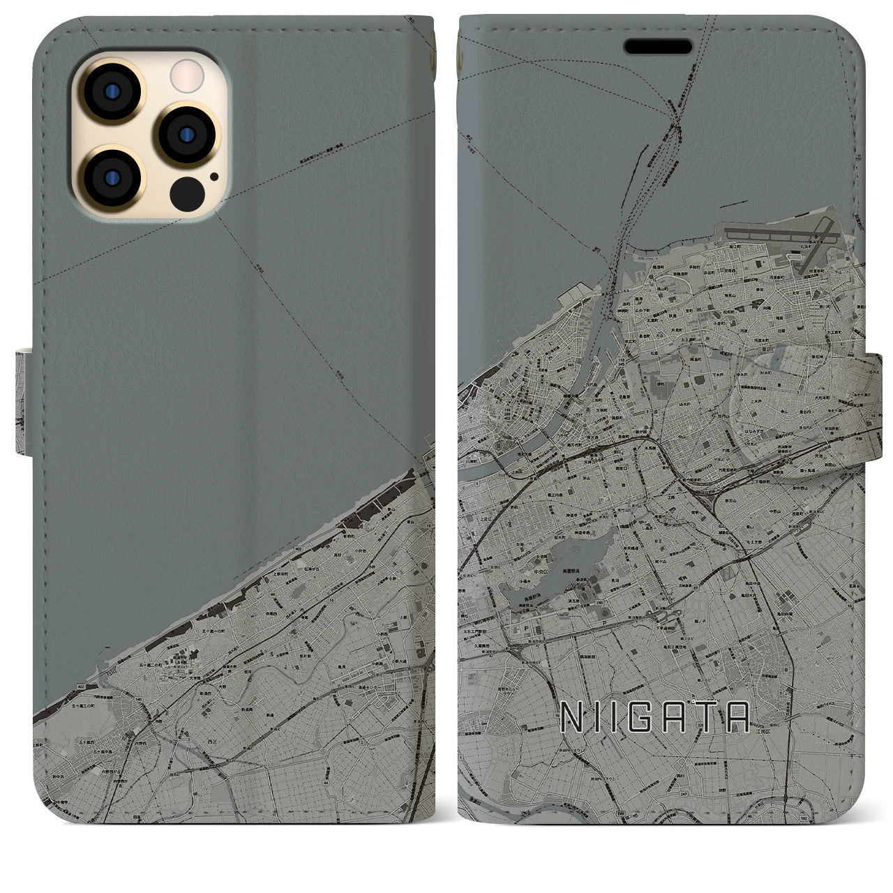 【新潟(新潟県)】地図柄iPhoneケース(手帳タイプ)モノトーン・iPhone 12 Pro Max 用