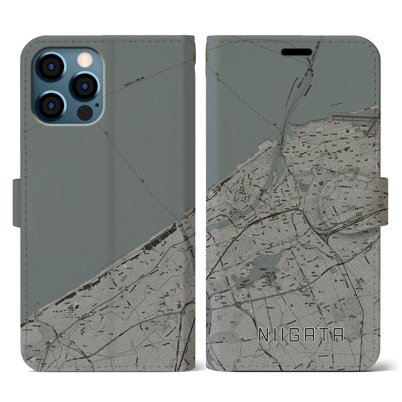 【新潟(新潟県)】地図柄iPhoneケース(手帳タイプ)モノトーン・iPhone 12 / 12 Pro 用
