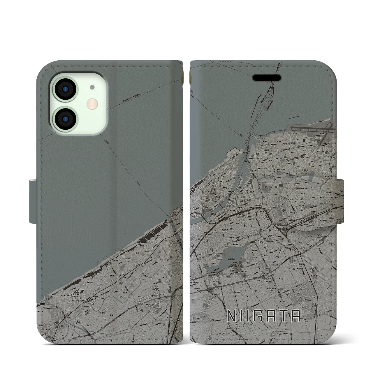 【新潟(新潟県)】地図柄iPhoneケース(手帳タイプ)モノトーン・iPhone 12 mini 用