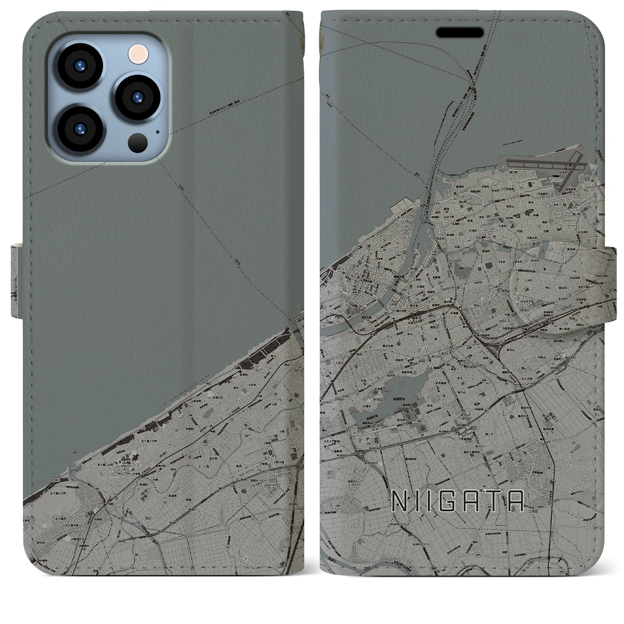 【新潟(新潟県)】地図柄iPhoneケース(手帳タイプ)モノトーン・iPhone 13 Pro Max 用