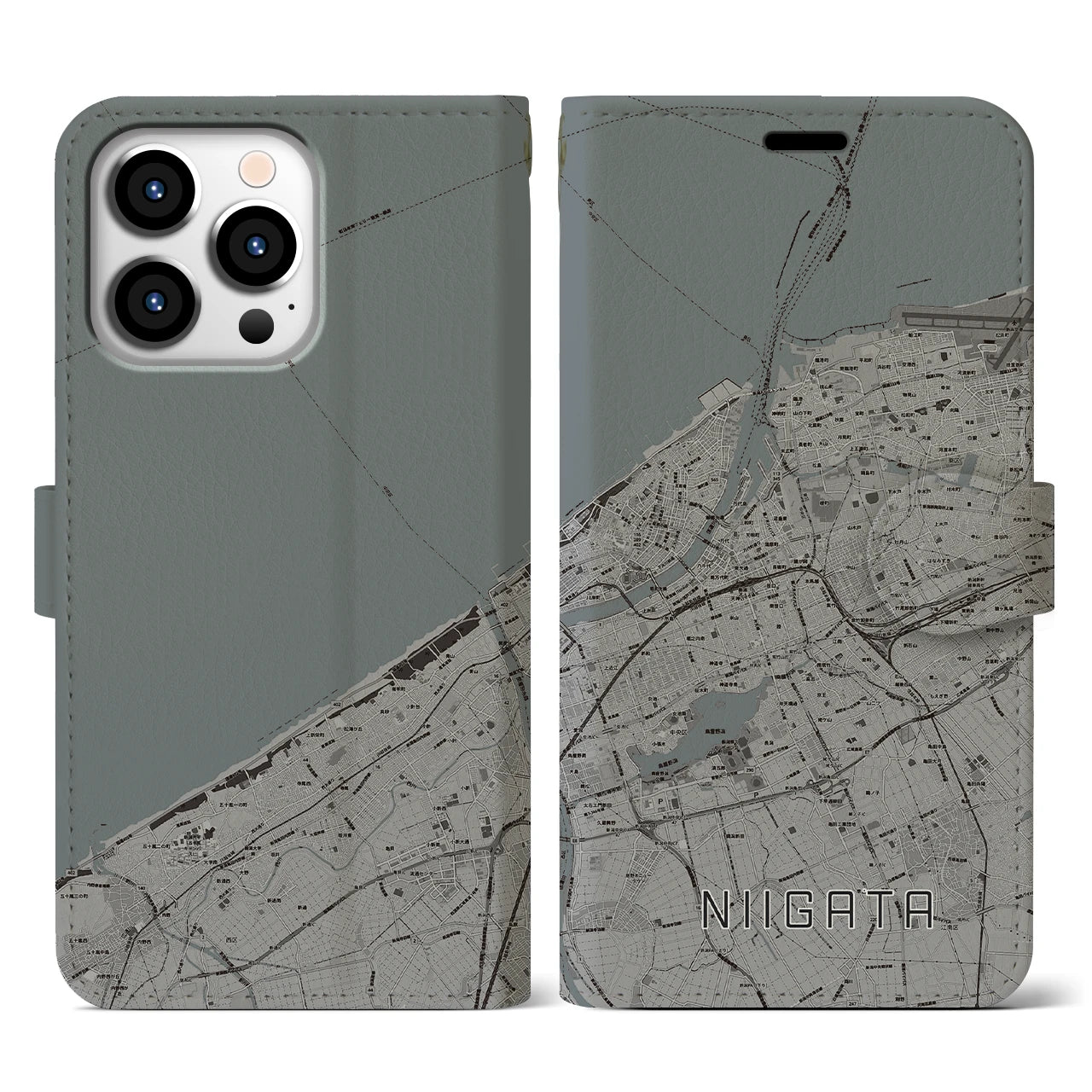 【新潟(新潟県)】地図柄iPhoneケース(手帳タイプ)モノトーン・iPhone 13 Pro 用