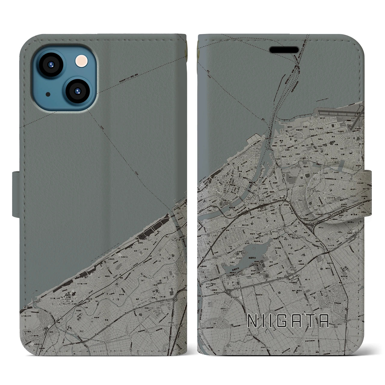 【新潟(新潟県)】地図柄iPhoneケース(手帳タイプ)モノトーン・iPhone 13 用