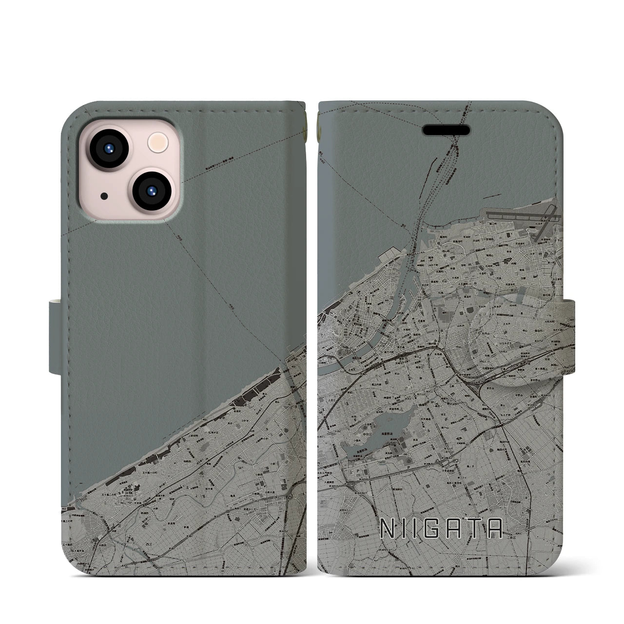 【新潟(新潟県)】地図柄iPhoneケース(手帳タイプ)モノトーン・iPhone 13 mini 用