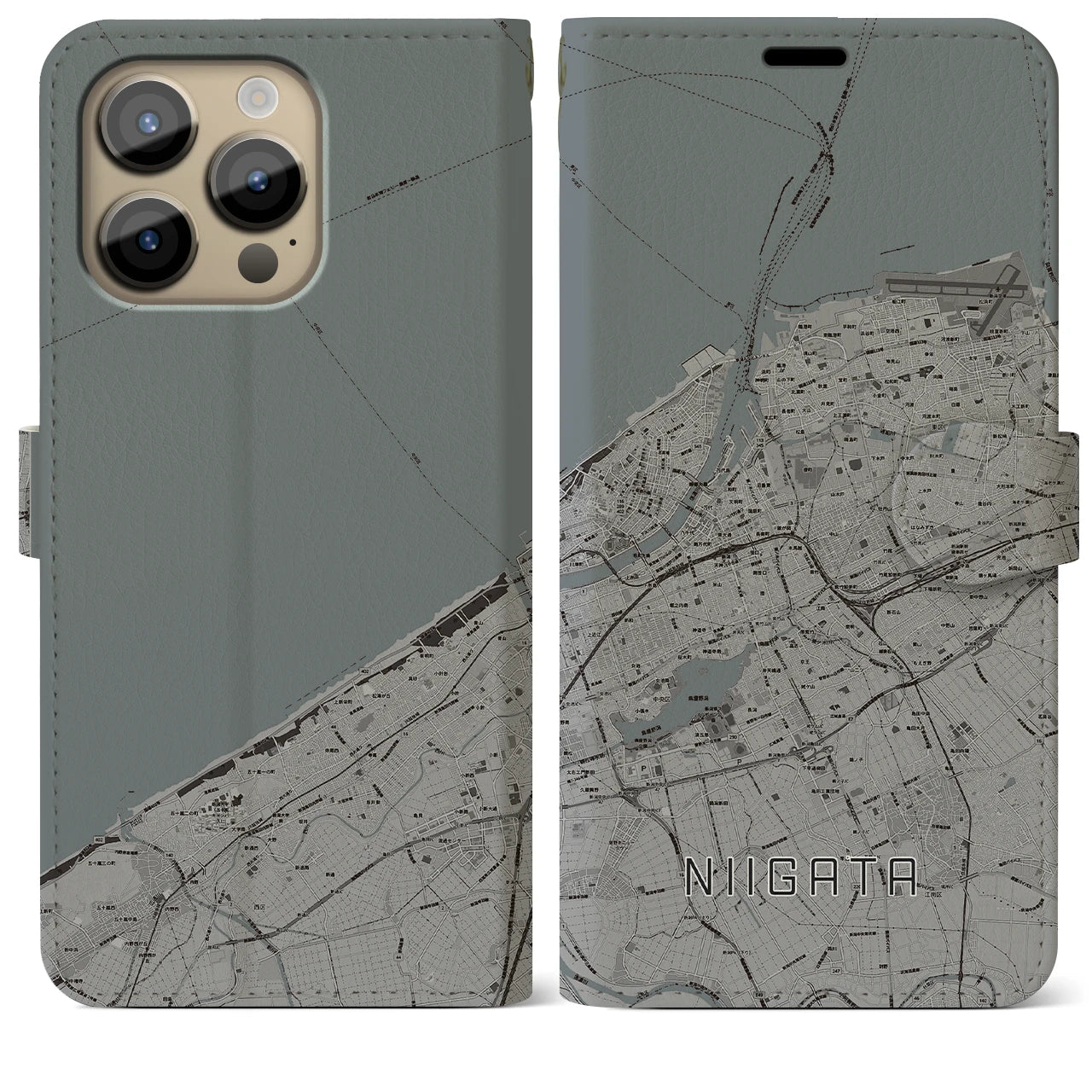 【新潟(新潟県)】地図柄iPhoneケース(手帳タイプ)モノトーン・iPhone 14 Pro Max 用