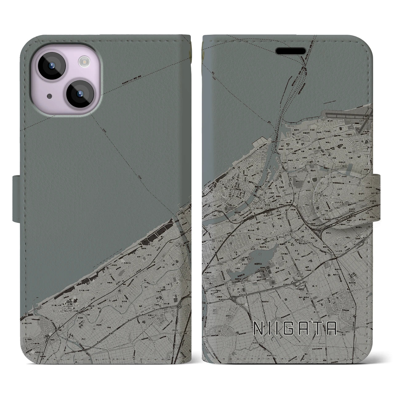 【新潟(新潟県)】地図柄iPhoneケース(手帳タイプ)モノトーン・iPhone 14 用