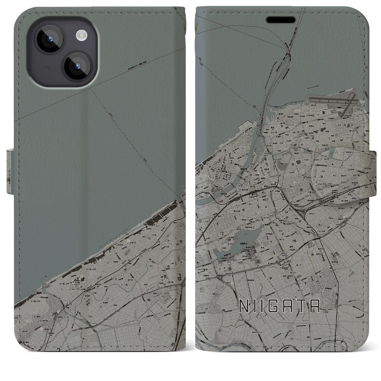 【新潟(新潟県)】地図柄iPhoneケース(手帳タイプ)モノトーン・iPhone 14 Plus 用