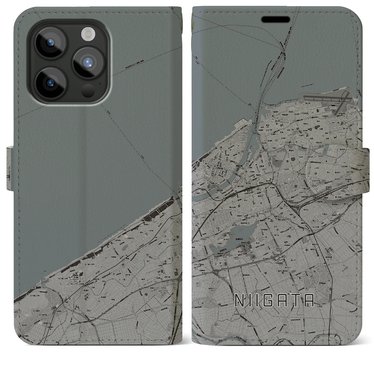 【新潟(新潟県)】地図柄iPhoneケース(手帳タイプ)モノトーン・iPhone 15 Pro Max 用