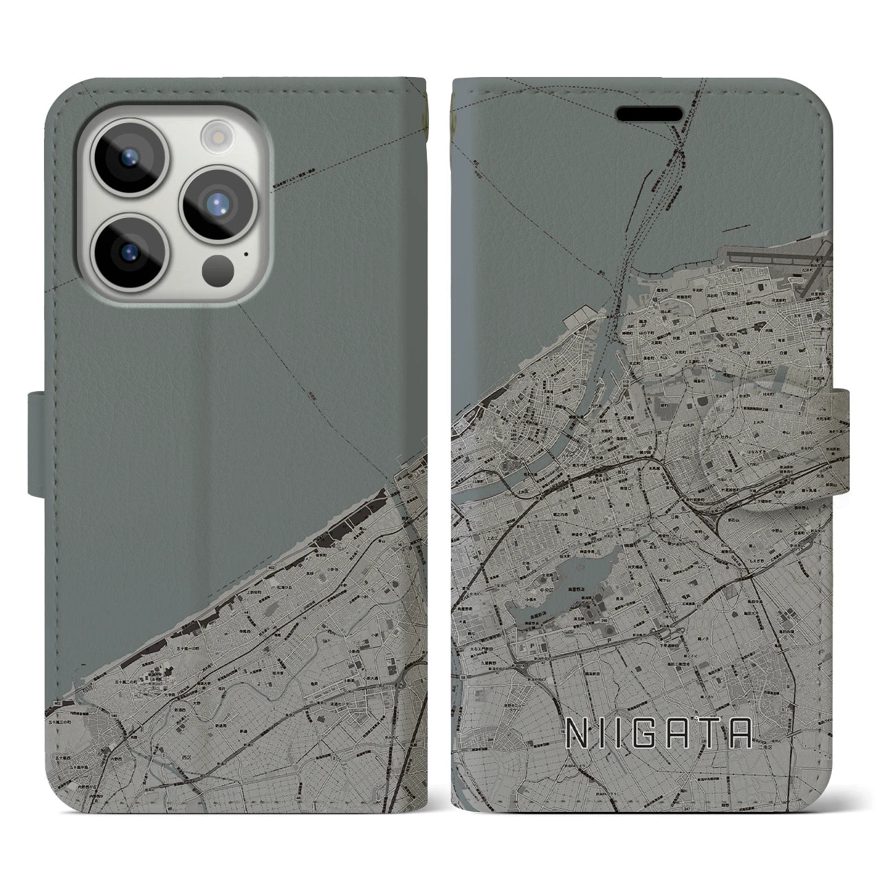 【新潟(新潟県)】地図柄iPhoneケース(手帳タイプ)モノトーン・iPhone 15 Pro 用