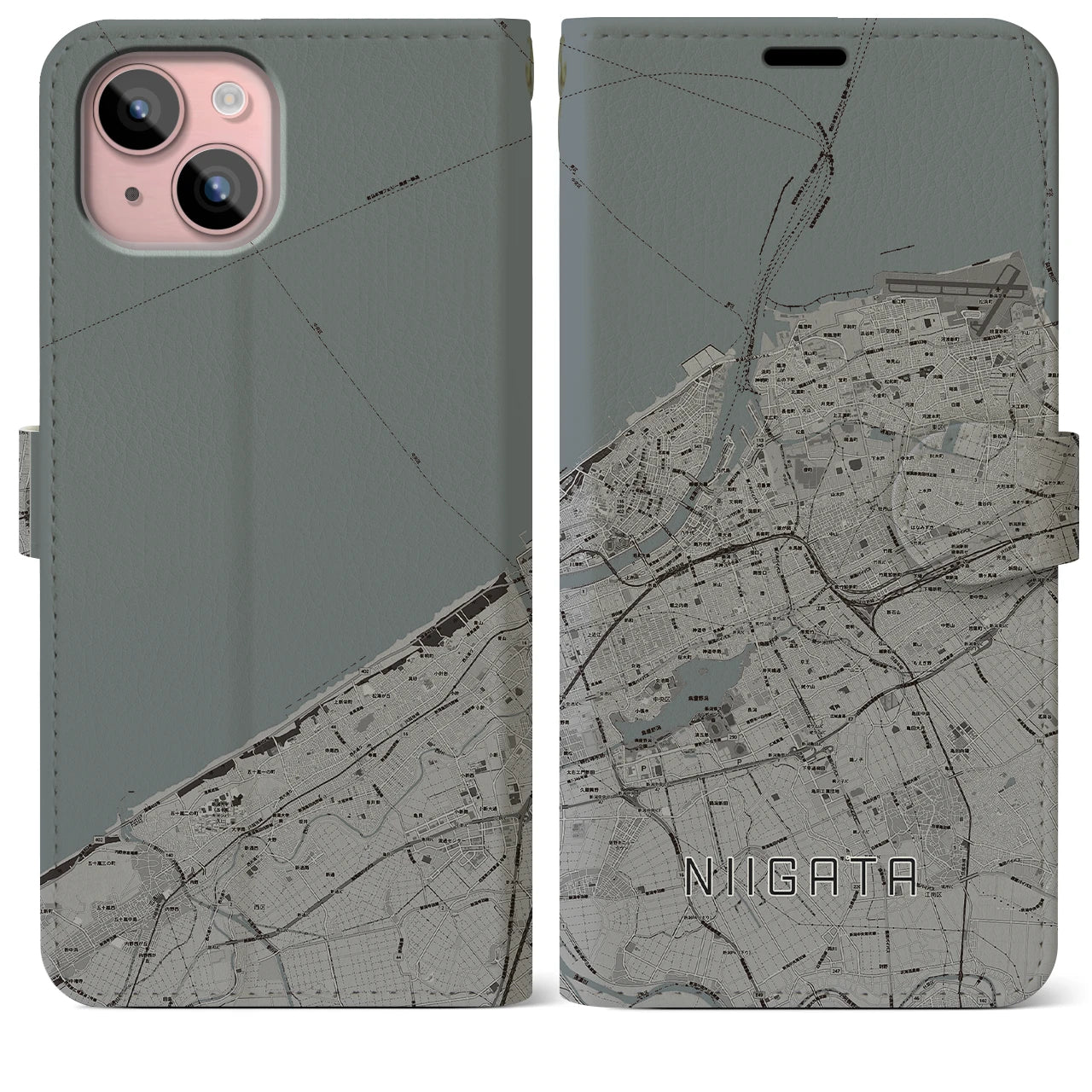 【新潟(新潟県)】地図柄iPhoneケース(手帳タイプ)モノトーン・iPhone 15 Plus 用