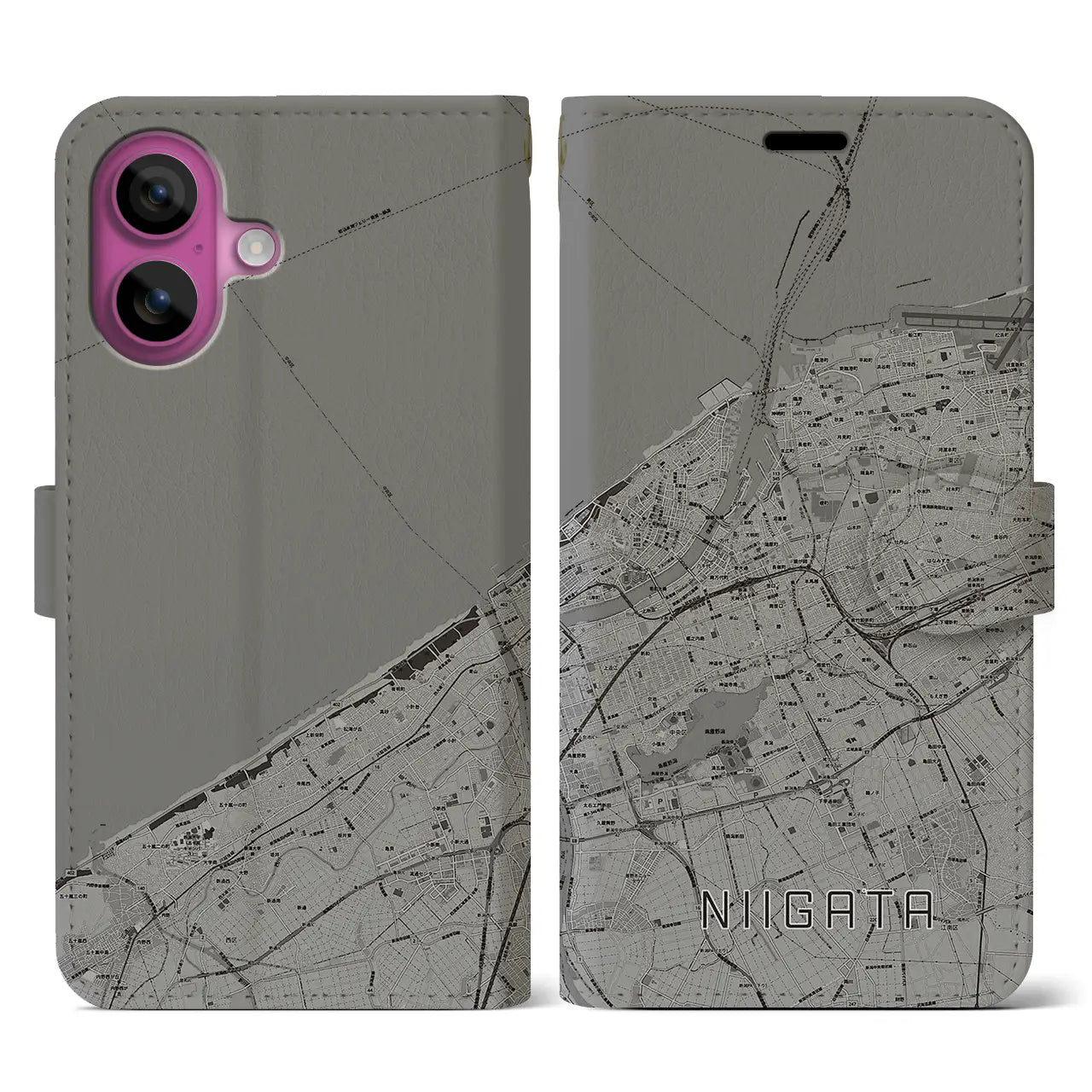 【新潟(新潟県)】地図柄iPhoneケース(手帳タイプ)モノトーン・iPhone 16 Pro 用