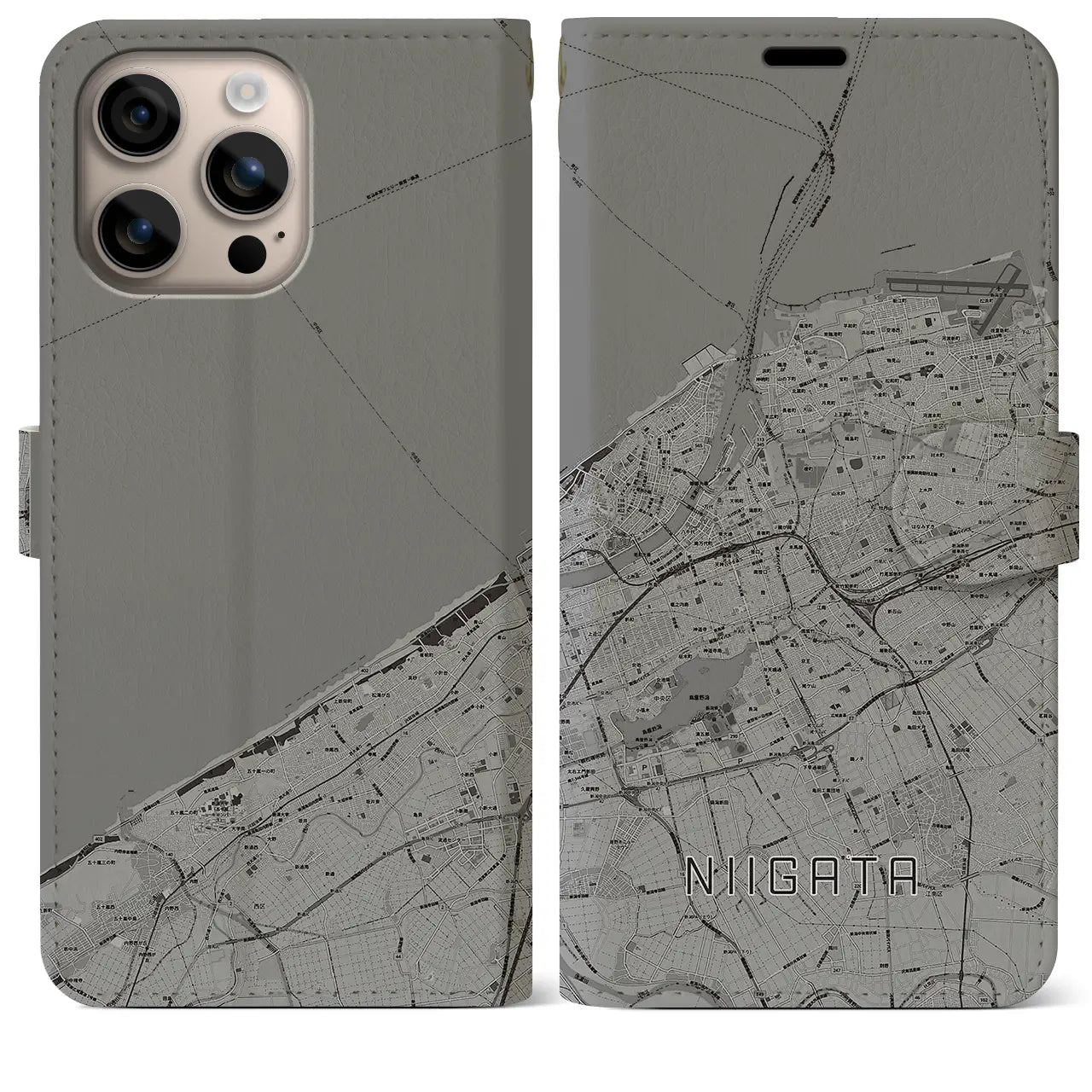 【新潟(新潟県)】地図柄iPhoneケース(手帳タイプ)モノトーン・iPhone 16 Plus 用