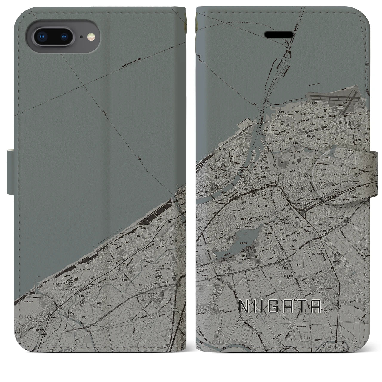 【新潟(新潟県)】地図柄iPhoneケース(手帳タイプ)モノトーン・iPhone 8Plus /7Plus / 6sPlus / 6Plus 用