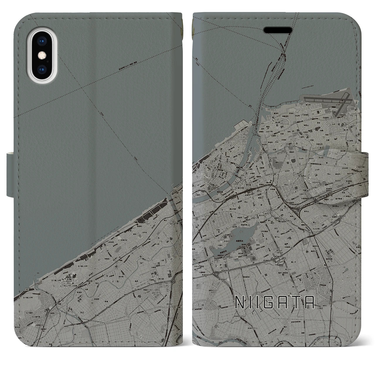 【新潟(新潟県)】地図柄iPhoneケース(手帳タイプ)モノトーン・iPhone XS Max 用