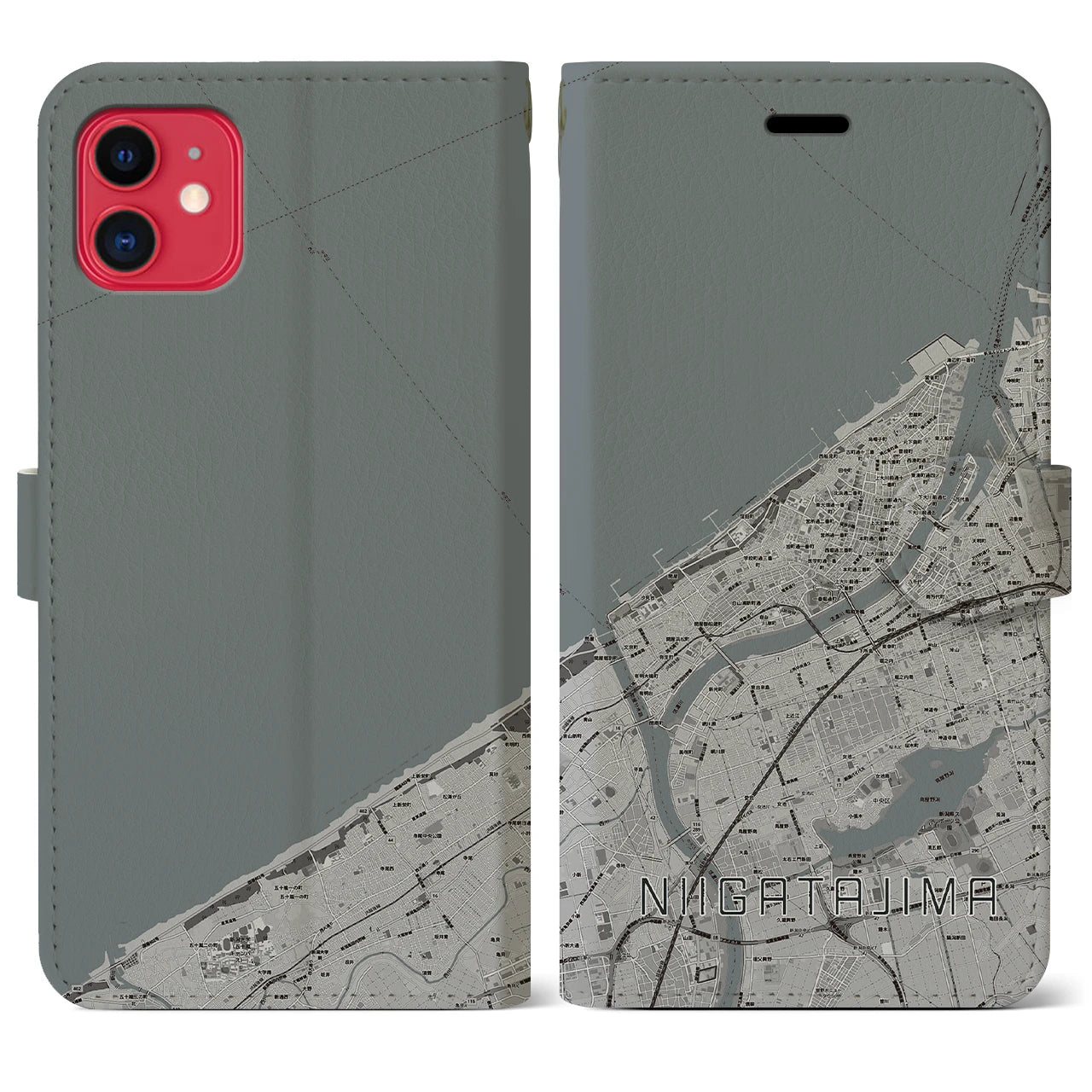 【新潟島(新潟県)】地図柄iPhoneケース(手帳タイプ)モノトーン・iPhone 11 用