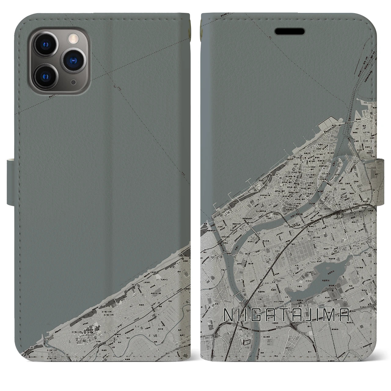 【新潟島(新潟県)】地図柄iPhoneケース(手帳タイプ)モノトーン・iPhone 11 Pro Max 用