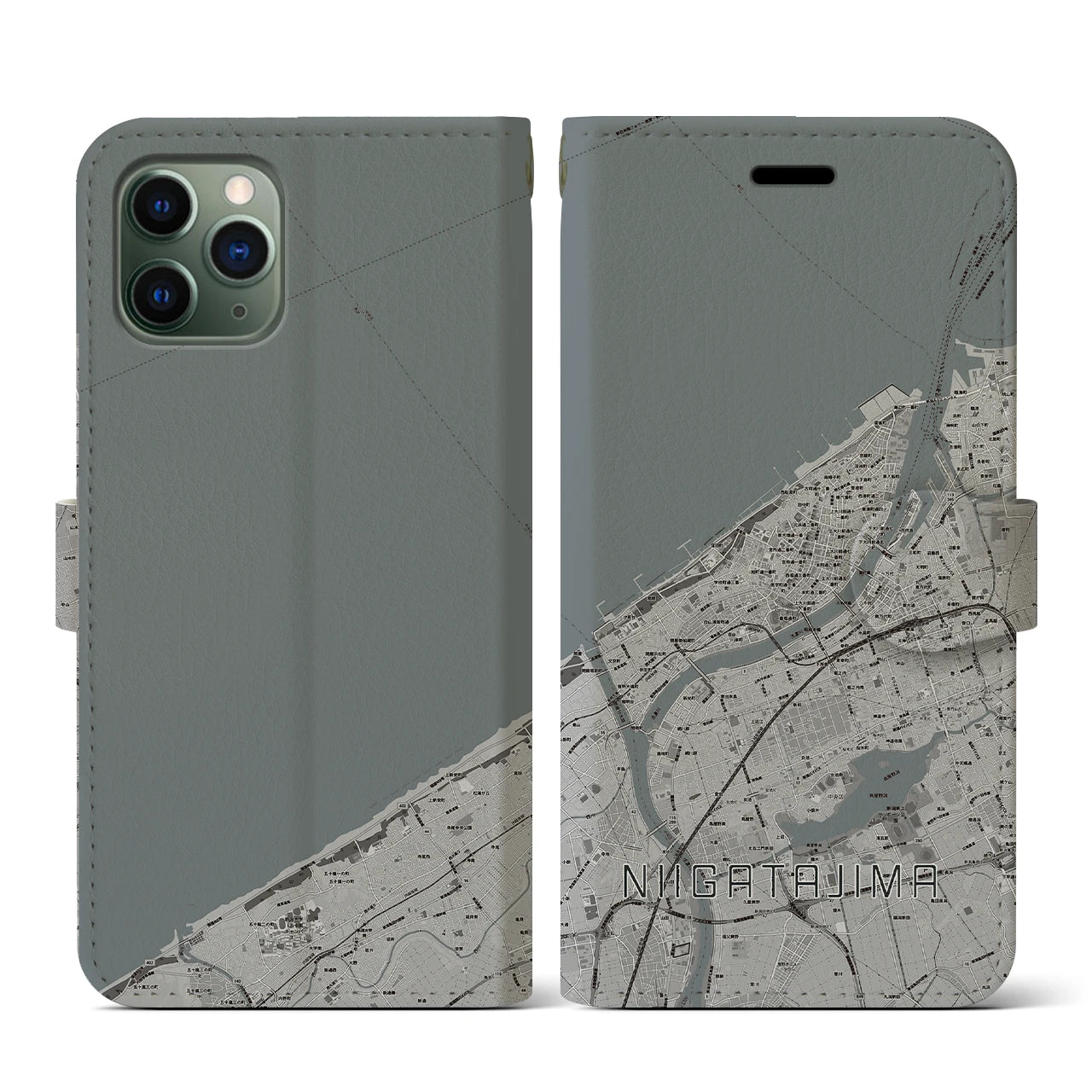 【新潟島(新潟県)】地図柄iPhoneケース(手帳タイプ)モノトーン・iPhone 11 Pro 用