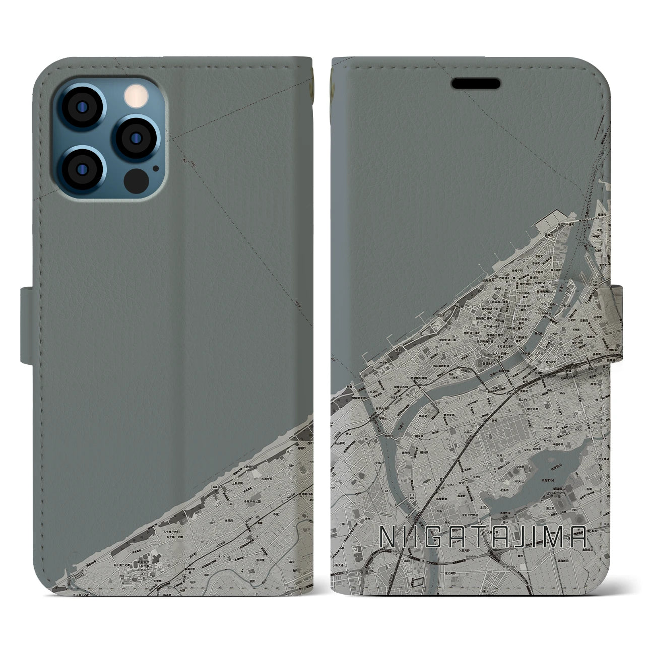 【新潟島(新潟県)】地図柄iPhoneケース(手帳タイプ)モノトーン・iPhone 12 / 12 Pro 用