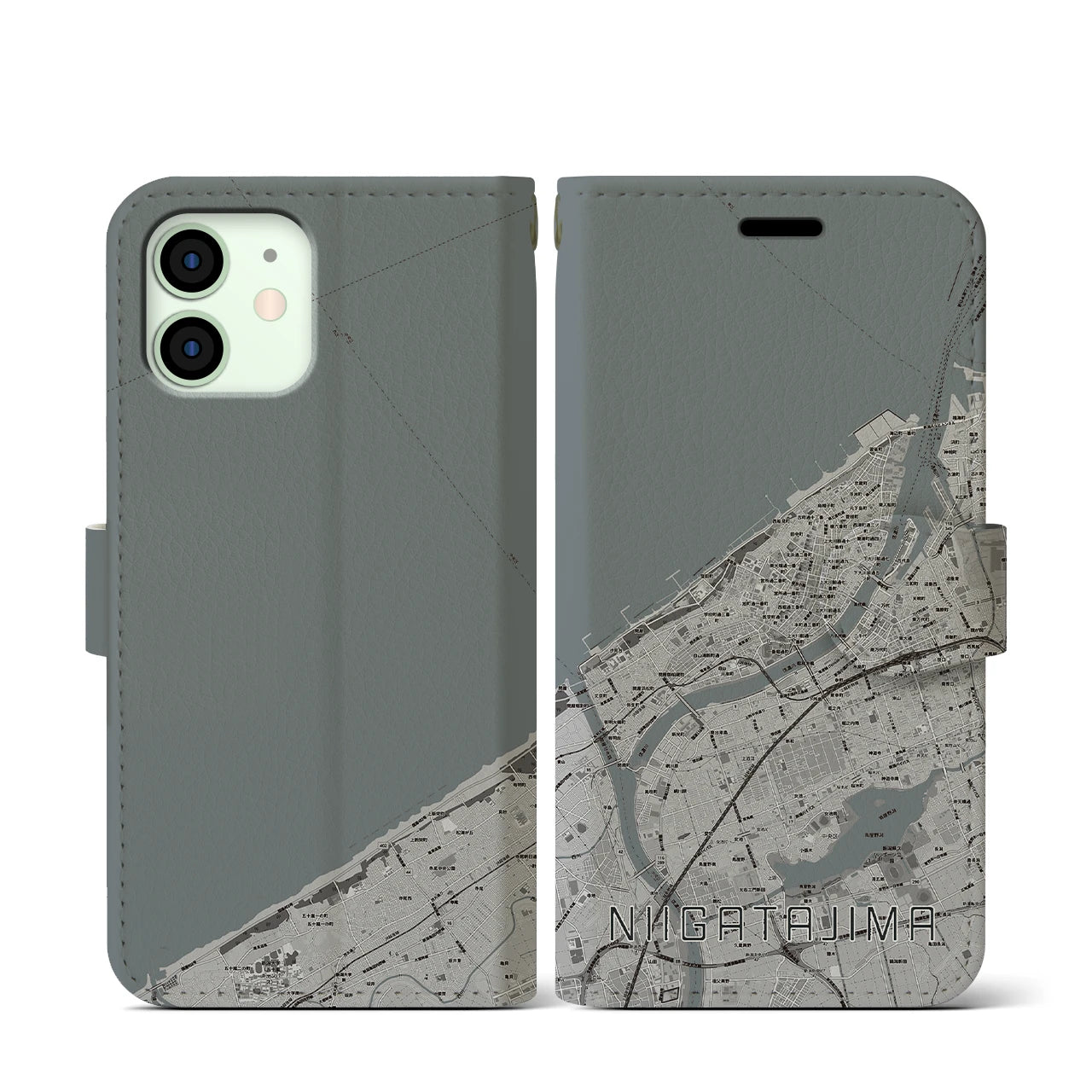 【新潟島(新潟県)】地図柄iPhoneケース(手帳タイプ)モノトーン・iPhone 12 mini 用