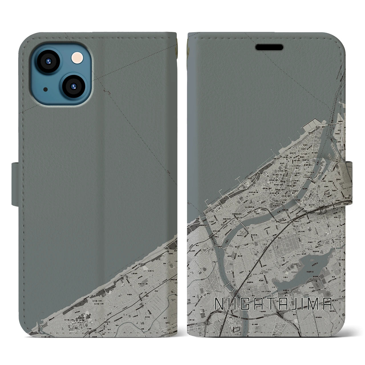 【新潟島(新潟県)】地図柄iPhoneケース(手帳タイプ)モノトーン・iPhone 13 用