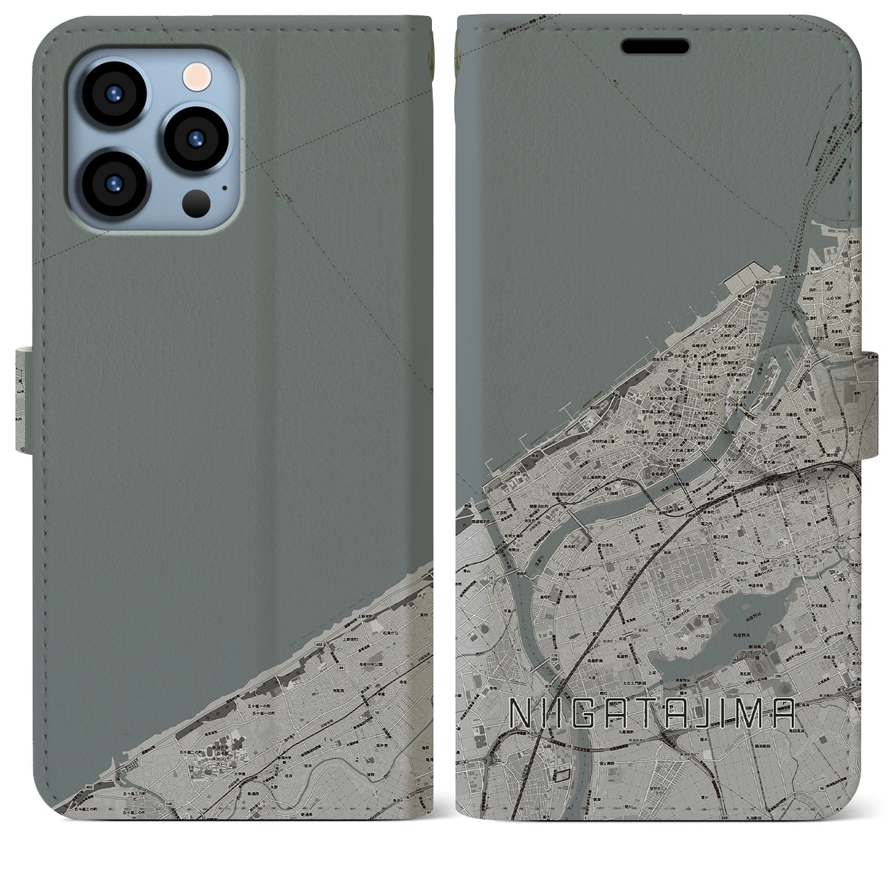 【新潟島(新潟県)】地図柄iPhoneケース(手帳タイプ)モノトーン・iPhone 13 Pro Max 用