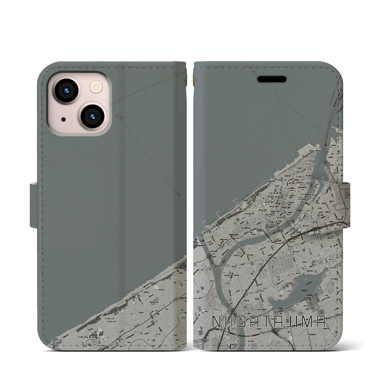 【新潟島(新潟県)】地図柄iPhoneケース(手帳タイプ)モノトーン・iPhone 13 mini 用