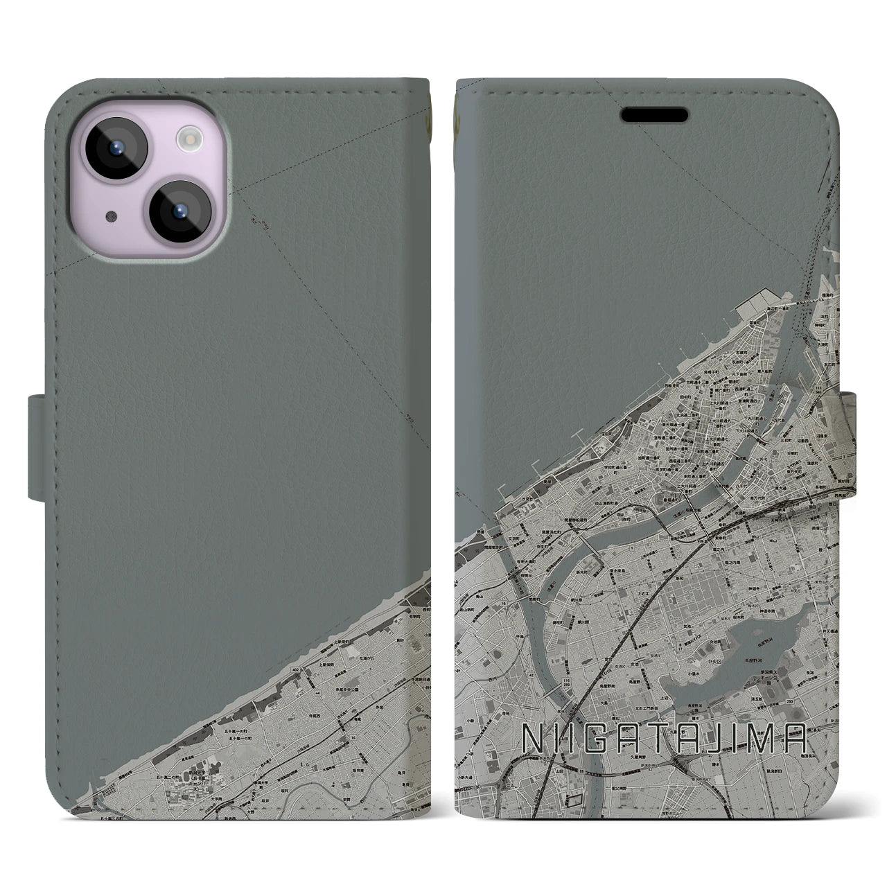 【新潟島(新潟県)】地図柄iPhoneケース(手帳タイプ)モノトーン・iPhone 14 用