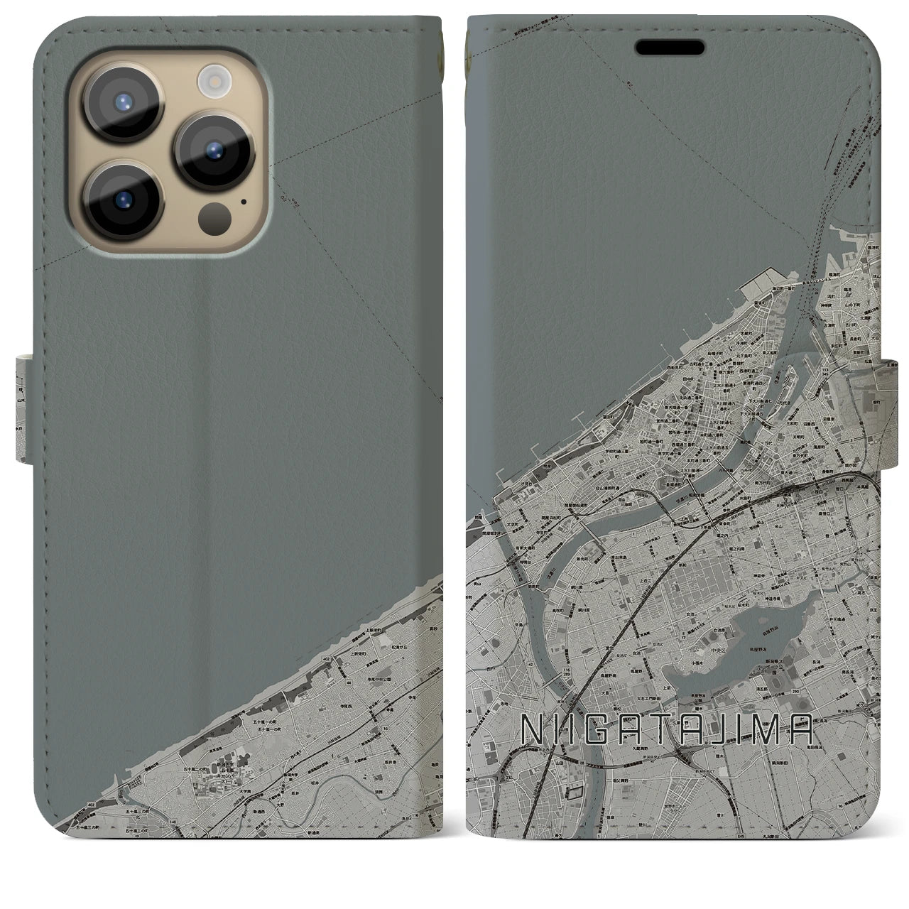 【新潟島(新潟県)】地図柄iPhoneケース(手帳タイプ)モノトーン・iPhone 14 Pro Max 用
