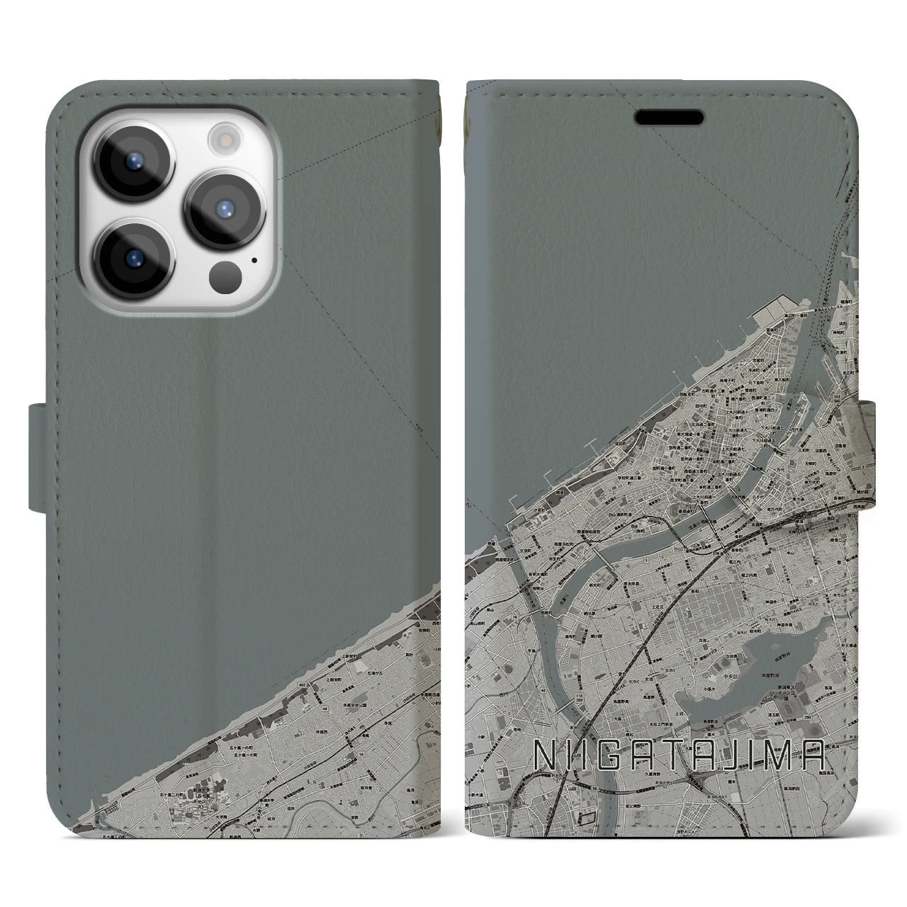 【新潟島(新潟県)】地図柄iPhoneケース(手帳タイプ)モノトーン・iPhone 14 Pro 用