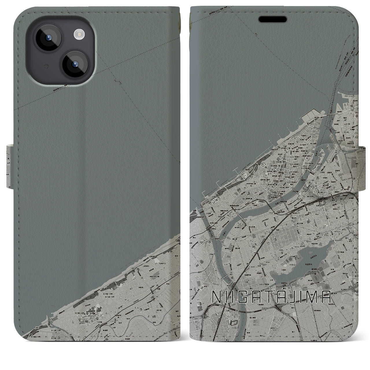 【新潟島(新潟県)】地図柄iPhoneケース(手帳タイプ)モノトーン・iPhone 14 Plus 用