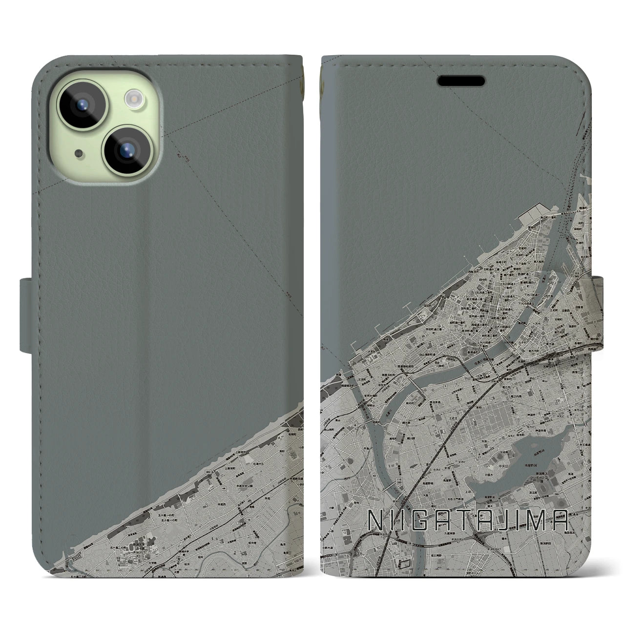 【新潟島(新潟県)】地図柄iPhoneケース(手帳タイプ)モノトーン・iPhone 15 用
