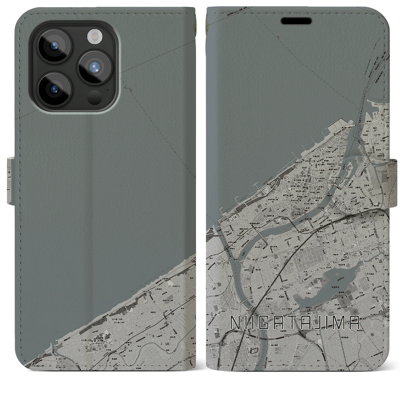 【新潟島(新潟県)】地図柄iPhoneケース(手帳タイプ)モノトーン・iPhone 15 Pro Max 用