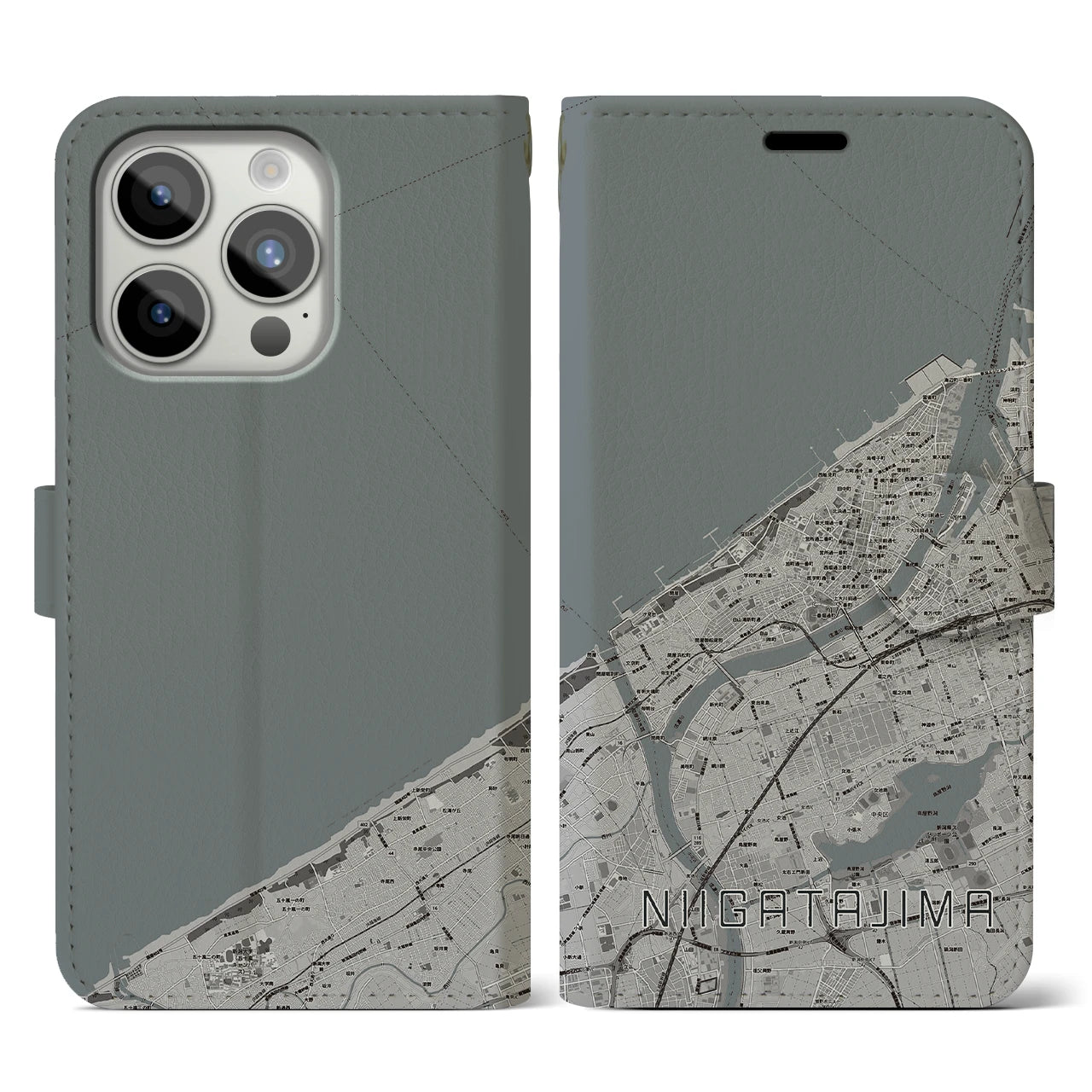 【新潟島(新潟県)】地図柄iPhoneケース(手帳タイプ)モノトーン・iPhone 15 Pro 用
