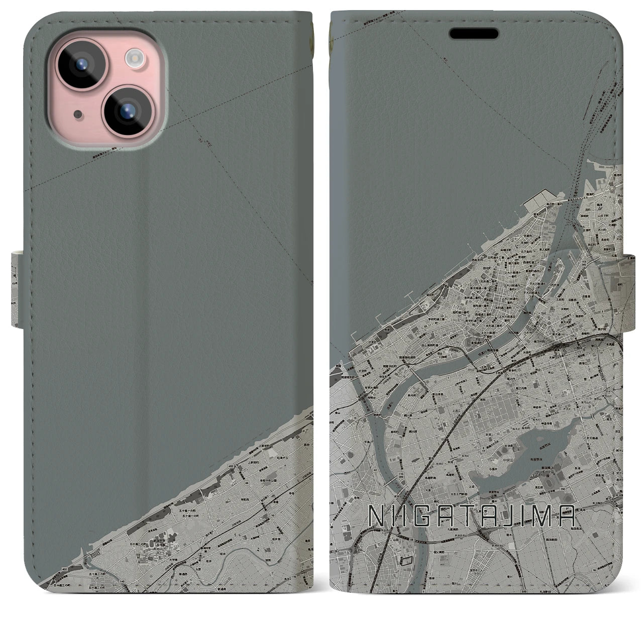 【新潟島(新潟県)】地図柄iPhoneケース(手帳タイプ)モノトーン・iPhone 15 Plus 用