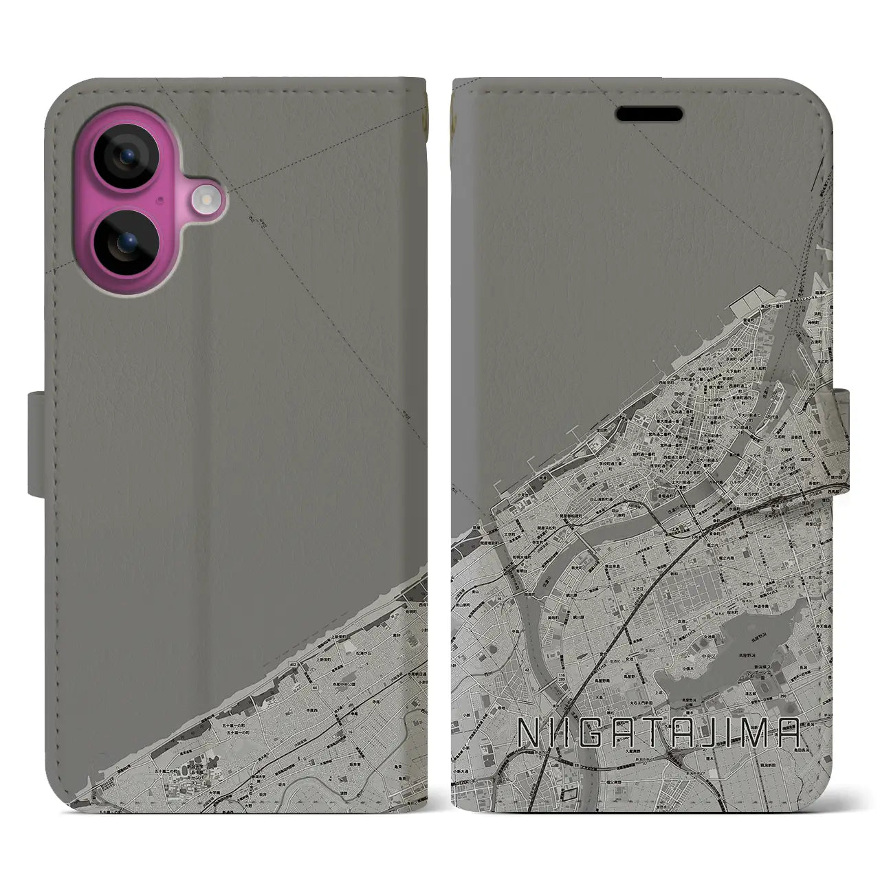 【新潟島(新潟県)】地図柄iPhoneケース(手帳タイプ)モノトーン・iPhone 16 Pro 用