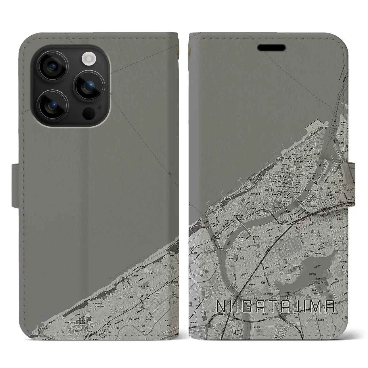 【新潟島(新潟県)】地図柄iPhoneケース(手帳タイプ)モノトーン・iPhone 16 用