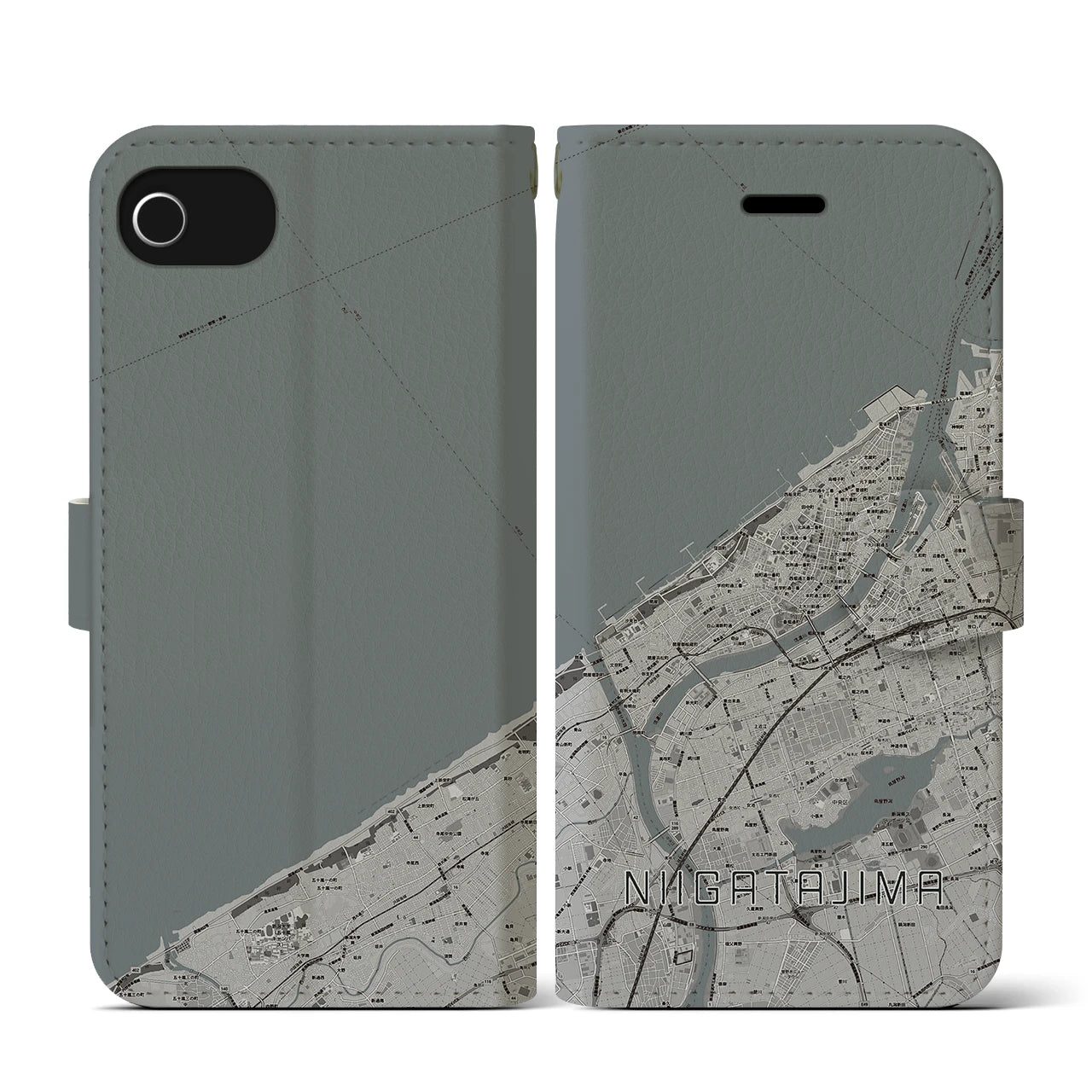 【新潟島(新潟県)】地図柄iPhoneケース(手帳タイプ)モノトーン・iPhone SE(第3 / 第2世代) / 8 / 7 / 6s / 6 用