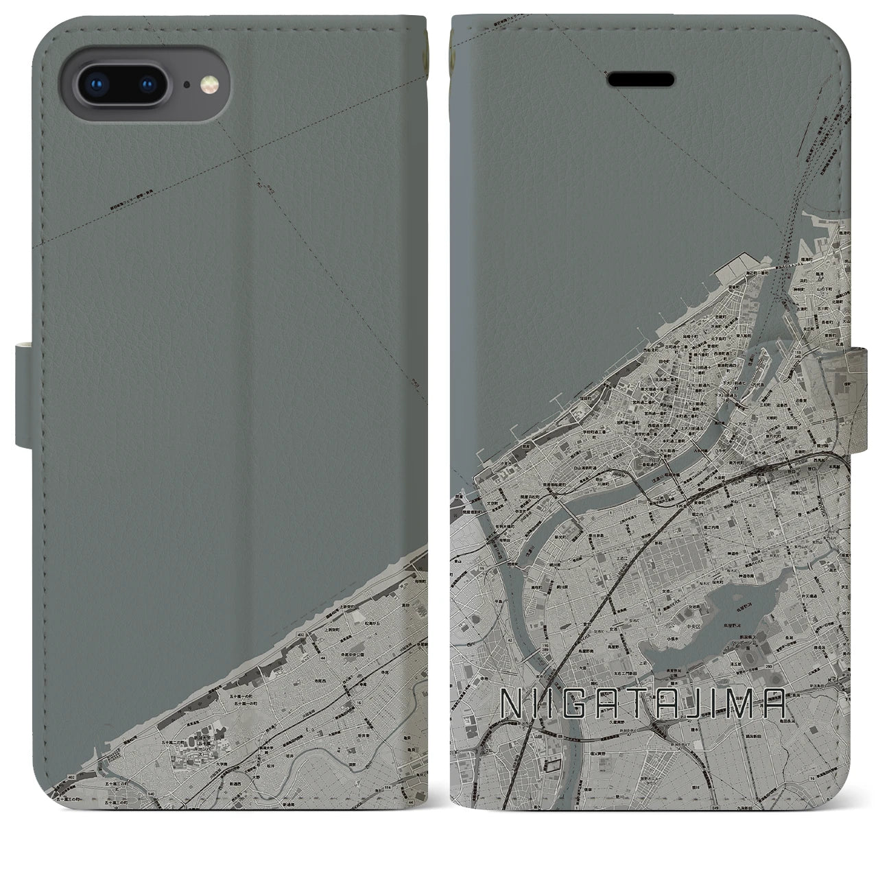 【新潟島(新潟県)】地図柄iPhoneケース(手帳タイプ)モノトーン・iPhone 8Plus /7Plus / 6sPlus / 6Plus 用