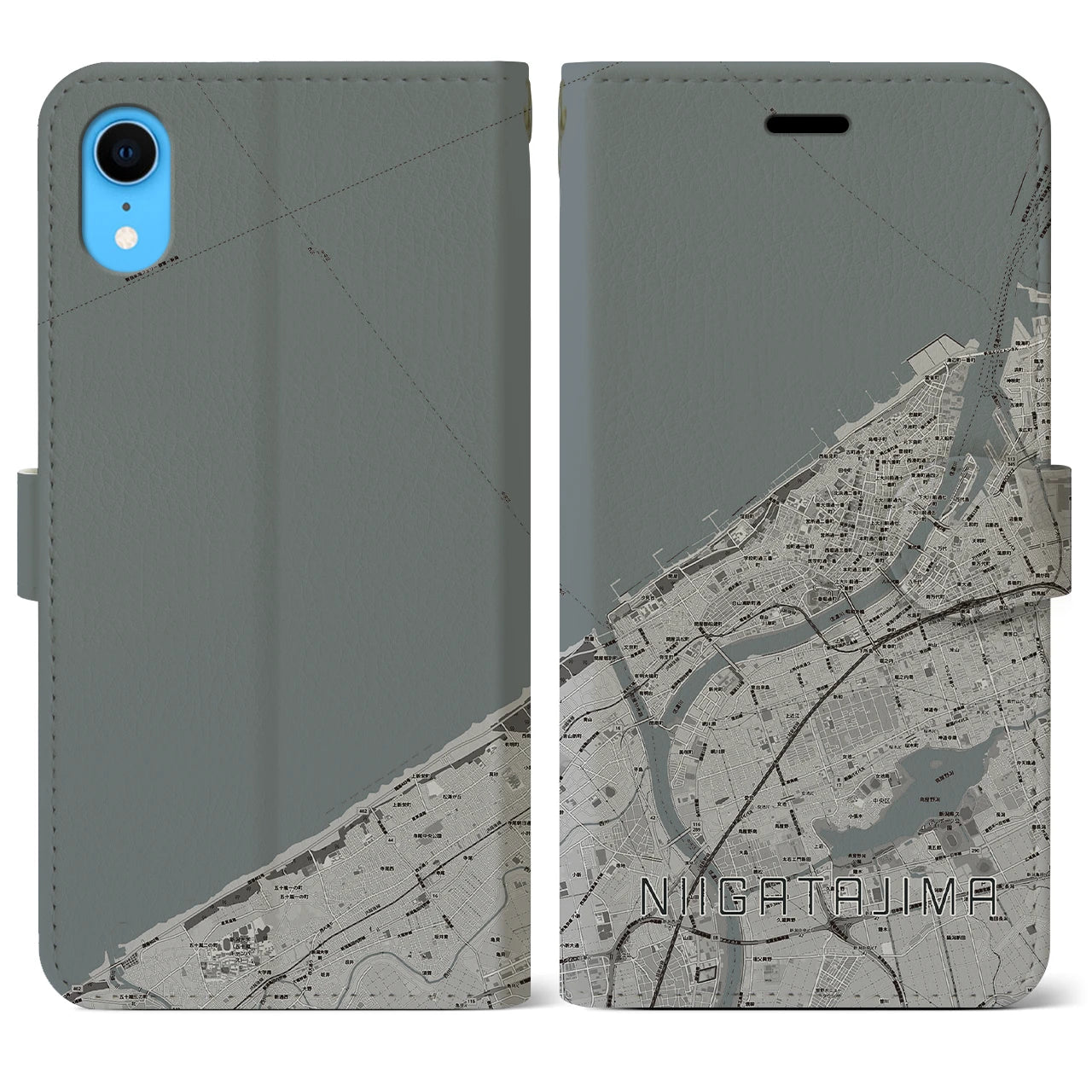 【新潟島(新潟県)】地図柄iPhoneケース(手帳タイプ)モノトーン・iPhone XR 用
