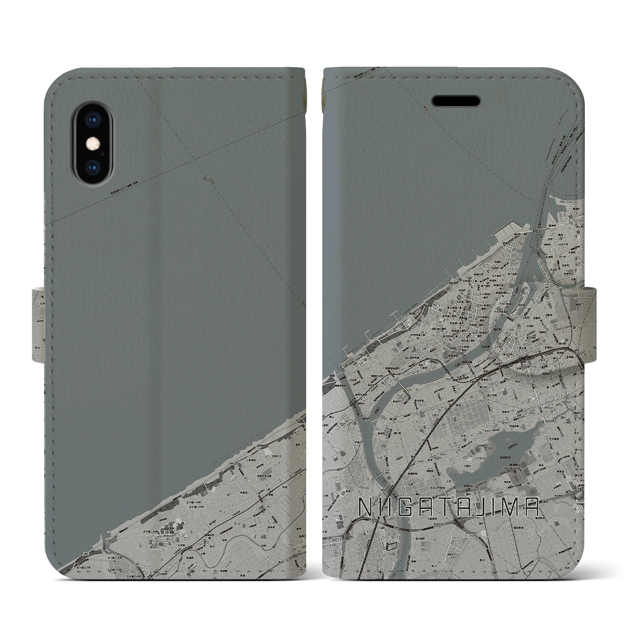 【新潟島(新潟県)】地図柄iPhoneケース(手帳タイプ)モノトーン・iPhone XS / X 用