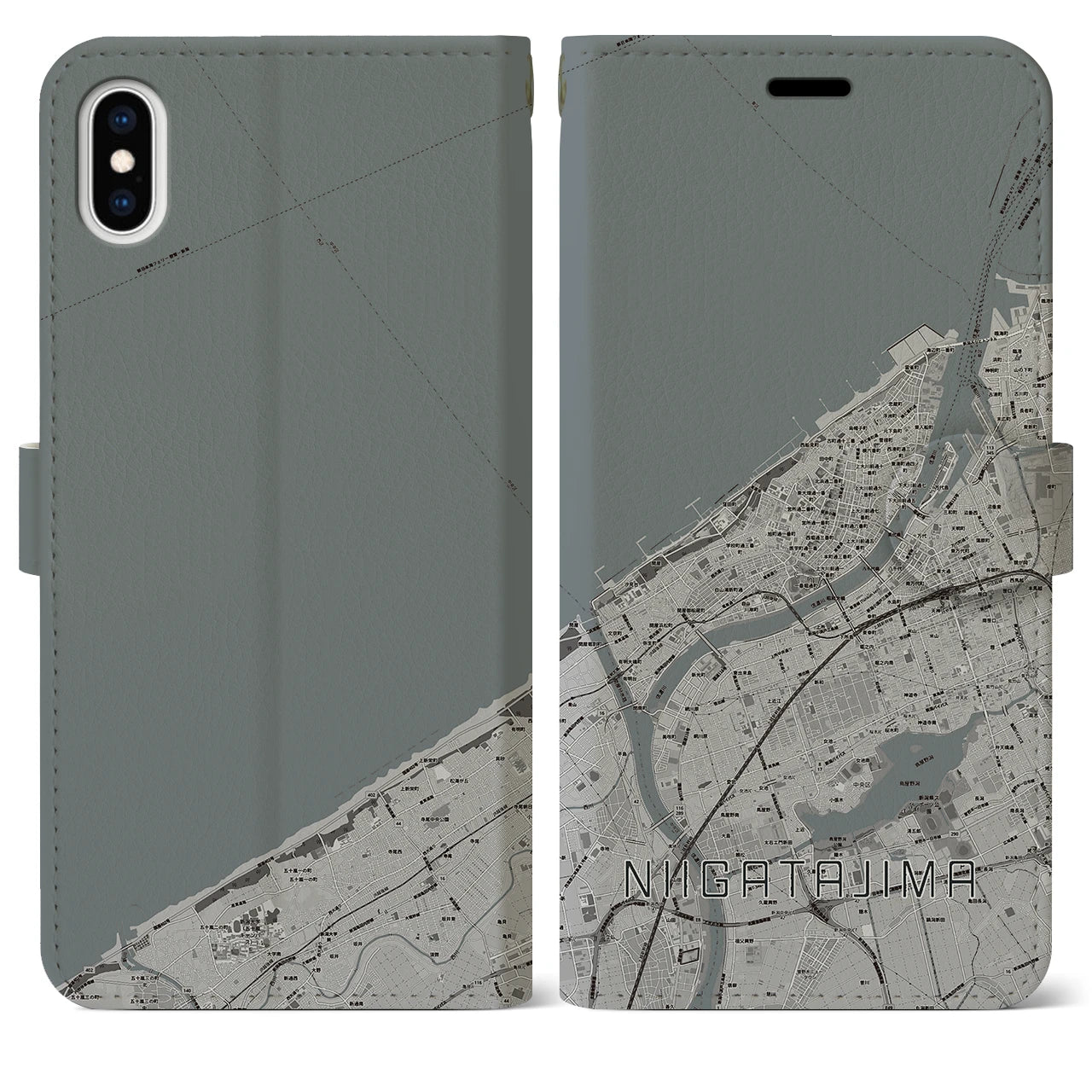 【新潟島(新潟県)】地図柄iPhoneケース(手帳タイプ)モノトーン・iPhone XS Max 用
