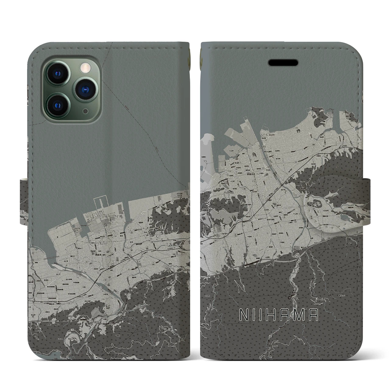 【新居浜(愛媛県)】地図柄iPhoneケース(手帳タイプ)モノトーン・iPhone 11 Pro 用