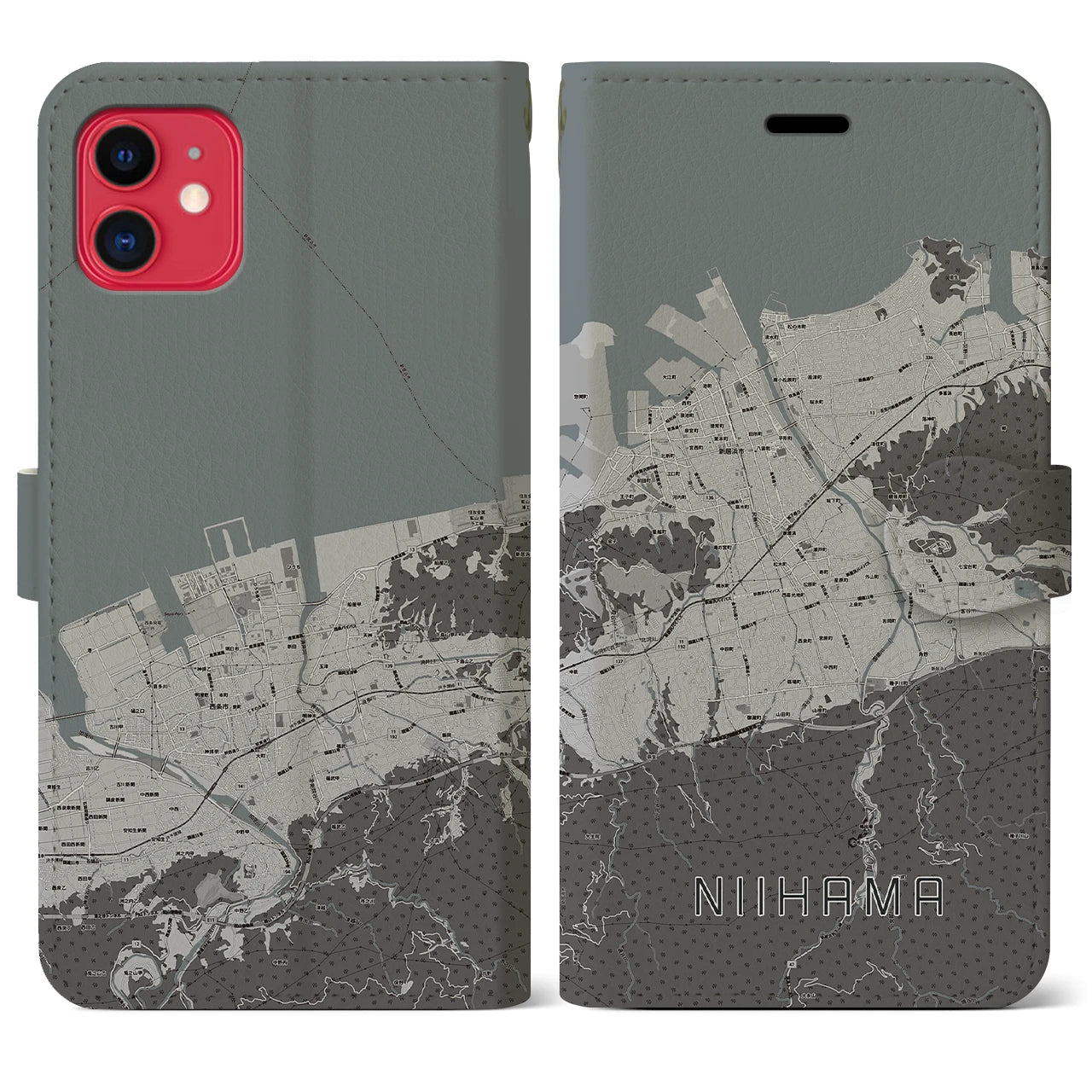 【新居浜(愛媛県)】地図柄iPhoneケース(手帳タイプ)モノトーン・iPhone 11 用