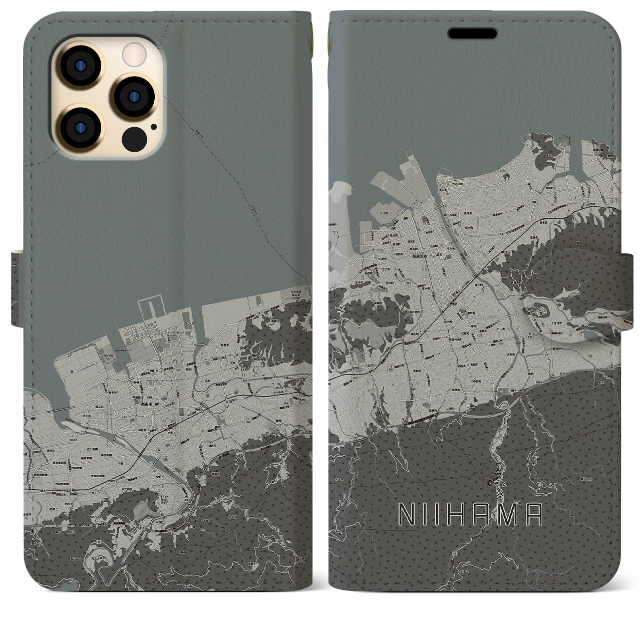 【新居浜(愛媛県)】地図柄iPhoneケース(手帳タイプ)モノトーン・iPhone 12 Pro Max 用