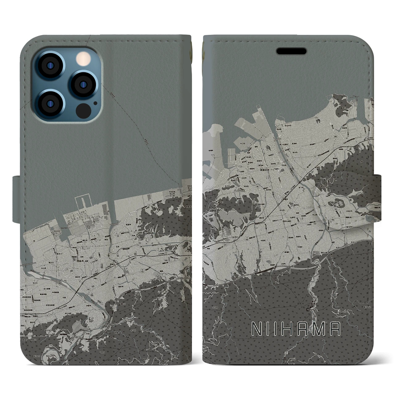 【新居浜(愛媛県)】地図柄iPhoneケース(手帳タイプ)モノトーン・iPhone 12 / 12 Pro 用