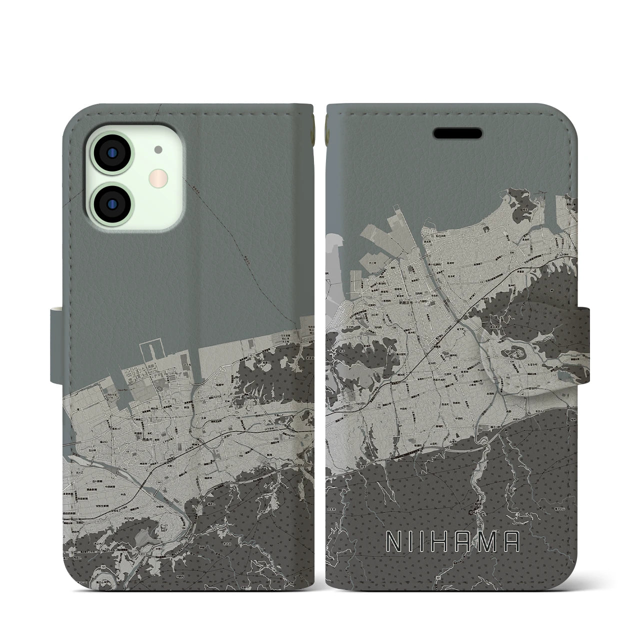 【新居浜(愛媛県)】地図柄iPhoneケース(手帳タイプ)モノトーン・iPhone 12 mini 用